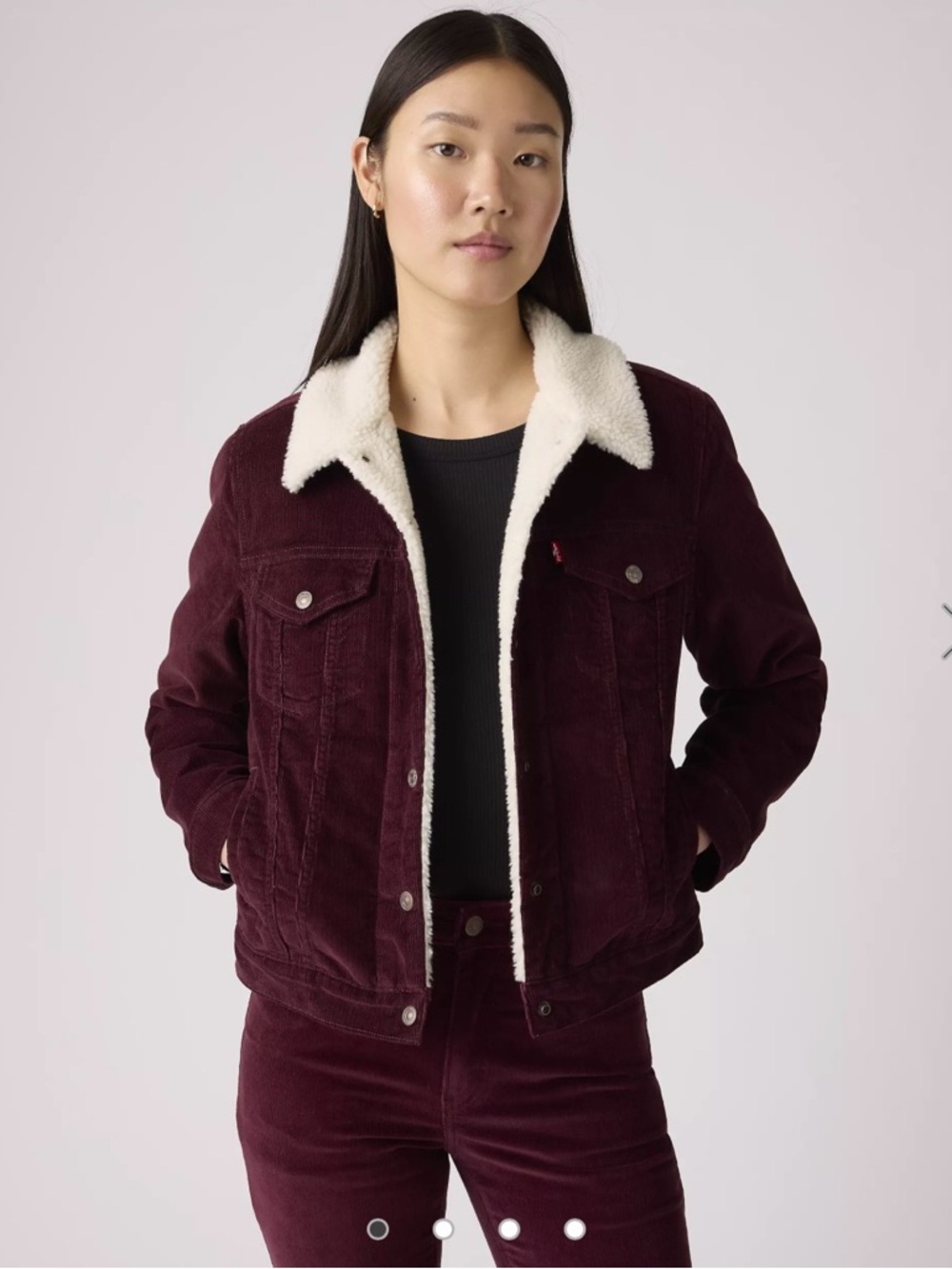 Women's Sherpa-Lined Corduroy Trucker Jacket in Merlot Red